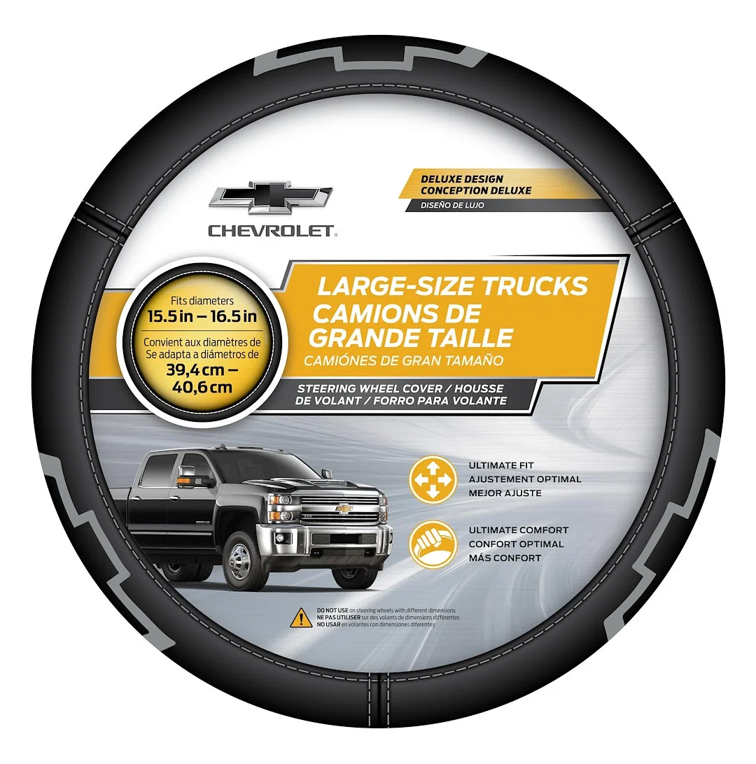 006788R01 – PLASTICOLOR Steering Wheel Cover, For 15-1/2 To 16-1/2 Inch Wheels Chevrolet Logo With Gray Contrast Stit...